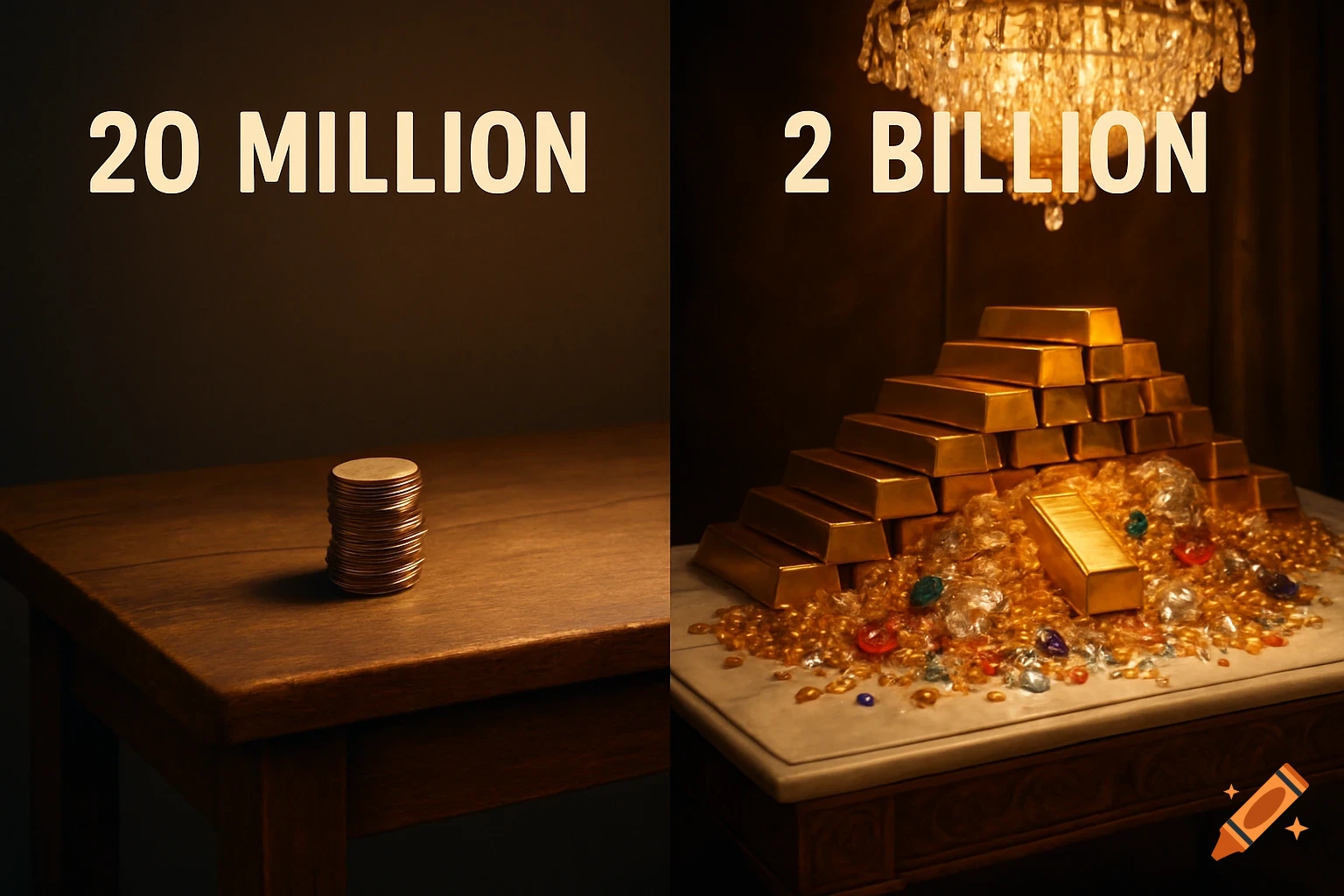 Split image comparing a small stack of coins labeled '20 MILLION' to a large pile of gold bars and jewels labeled '2 BILLION'.