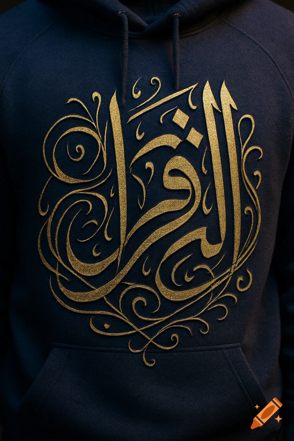 Dark blue hoodie featuring intricate gold Arabic calligraphy of the word "Iqra" surrounded by decorative swirls, photorealistic.