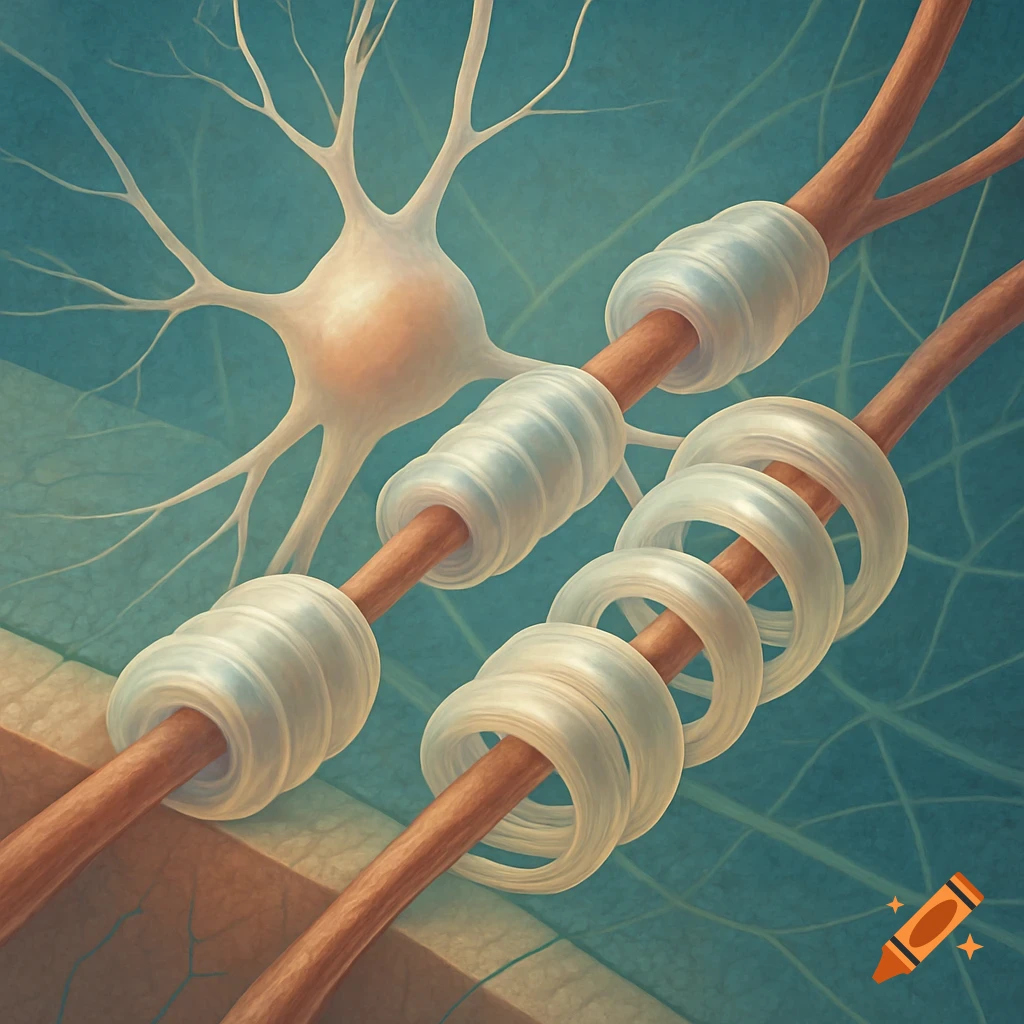 Scientific illustration of a neuron with its axon wrapped in myelin sheaths, against a teal background.