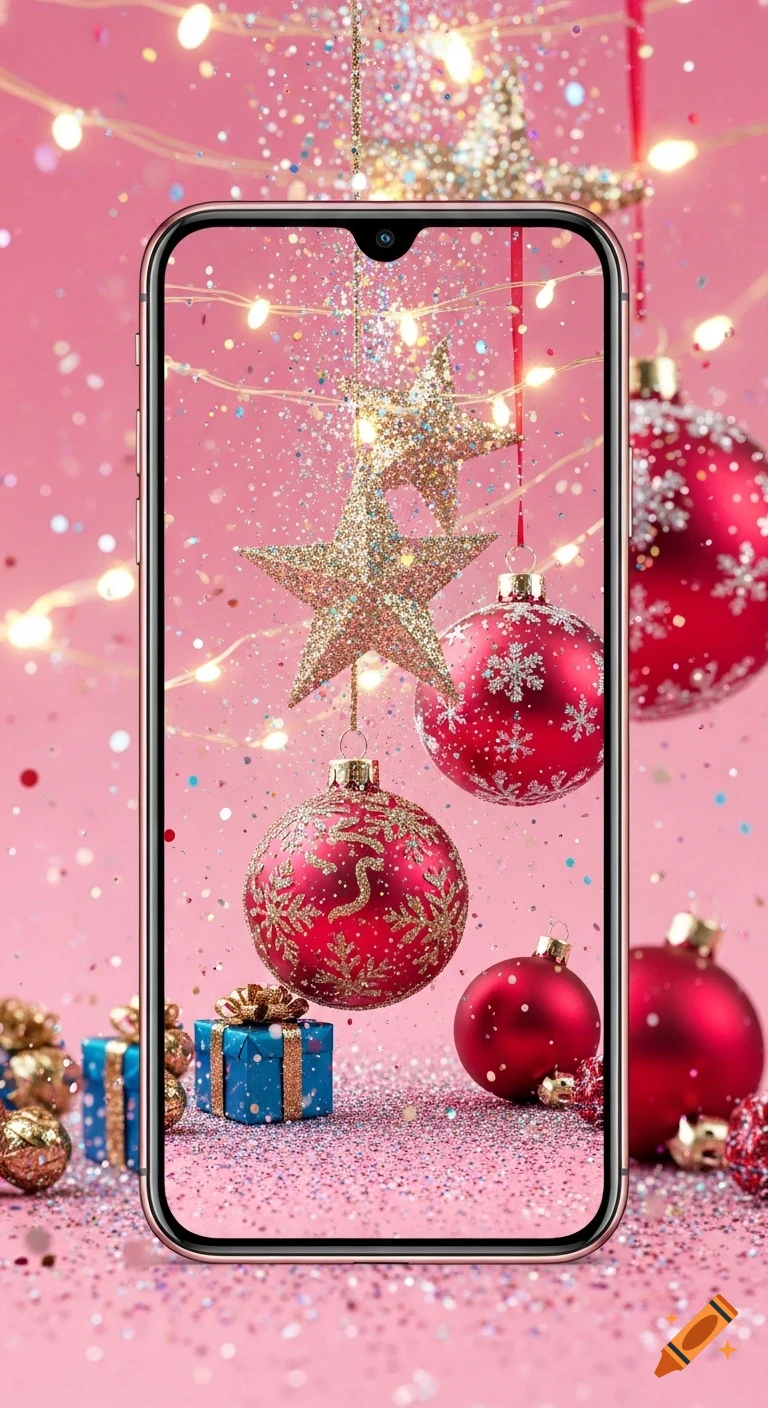 A smartphone displaying a vibrant pink Christmas wallpaper with glitter, golden stars, red baubles, fairy lights, and gift boxes.