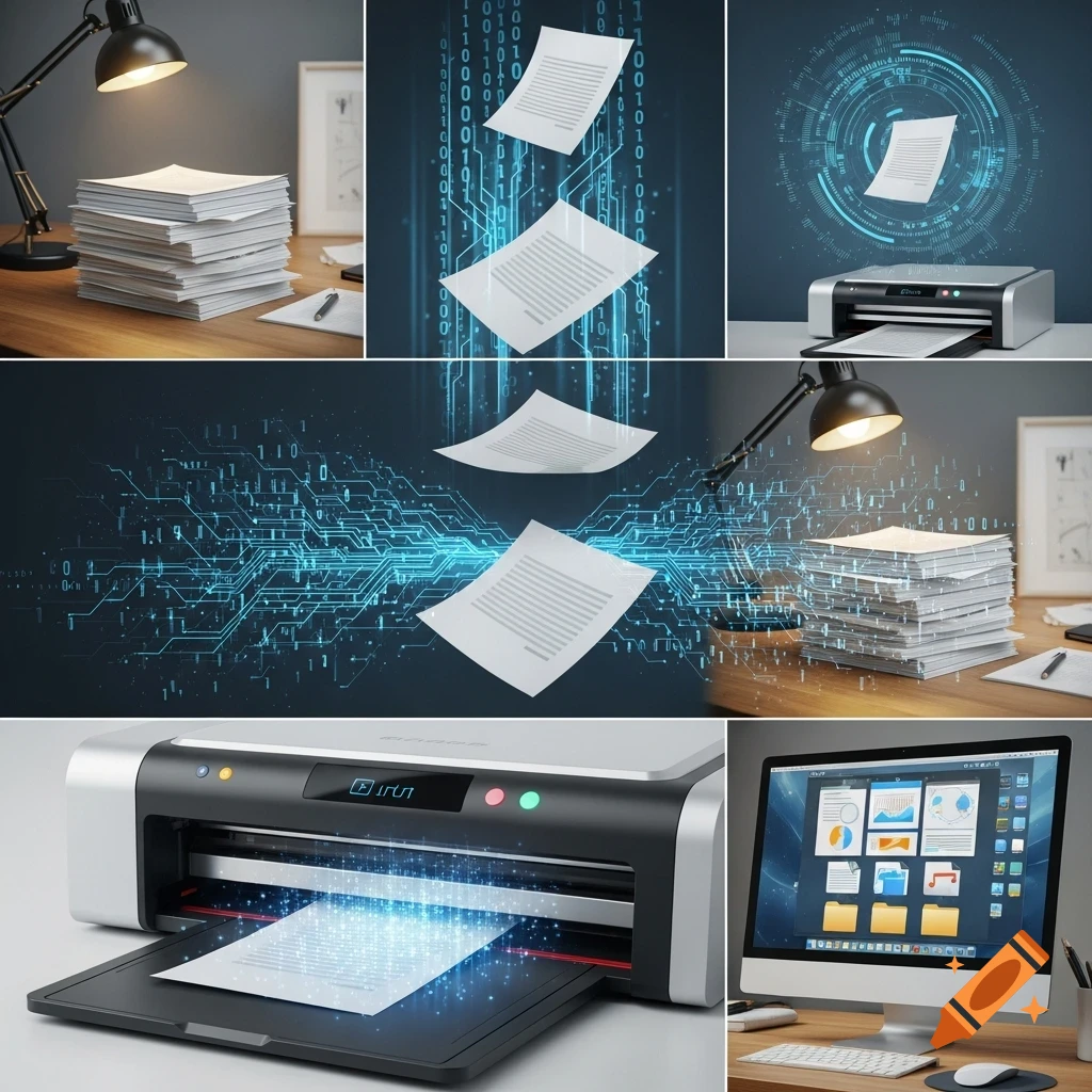A sectioned image showing documents, a printer, a computer screen, and digital data visualizations to represent digitizing documents.