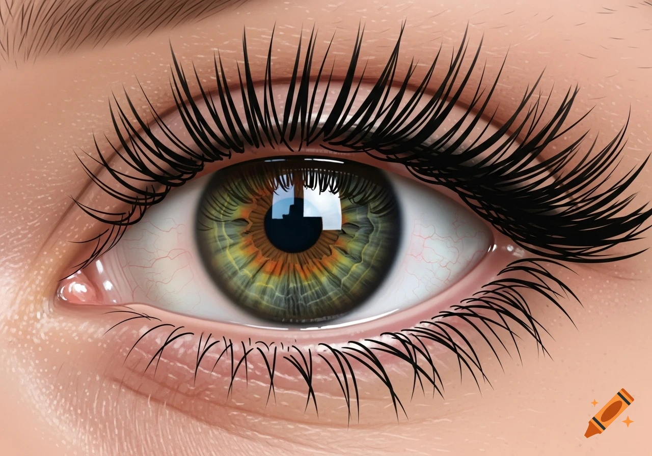 Close-up of a detailed hazel eye with long black eyelashes, showing intricate iris patterns and reflections.