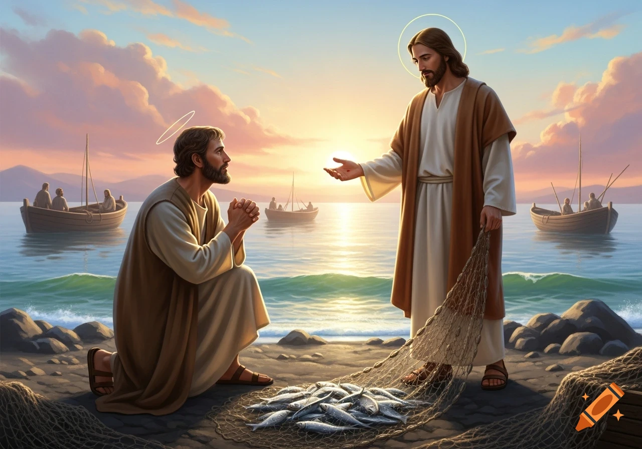 St. Peter kneels before Jesus, who holds a net full of fish on a shore at sunset, with boats in the background.