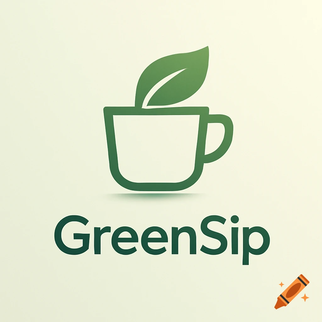 Minimalist green logo for GreenSip with a stylized cup and a leaf design on a light background.
