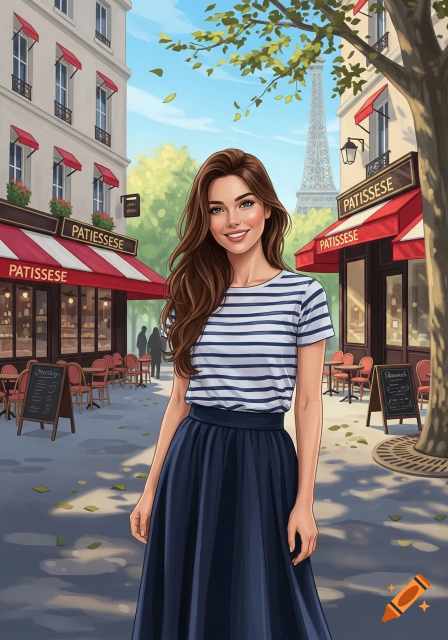 A smiling young woman with long brown hair stands on a Parisian street with cafes and the Eiffel Tower in an illustrative style.