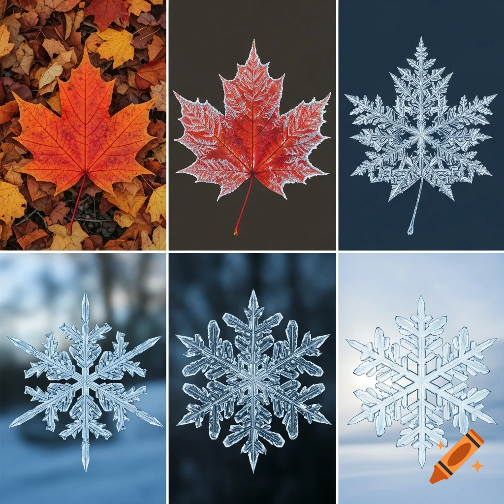 Six-panel grid showing a photorealistic maple leaf gradually transforming into a snowflake.