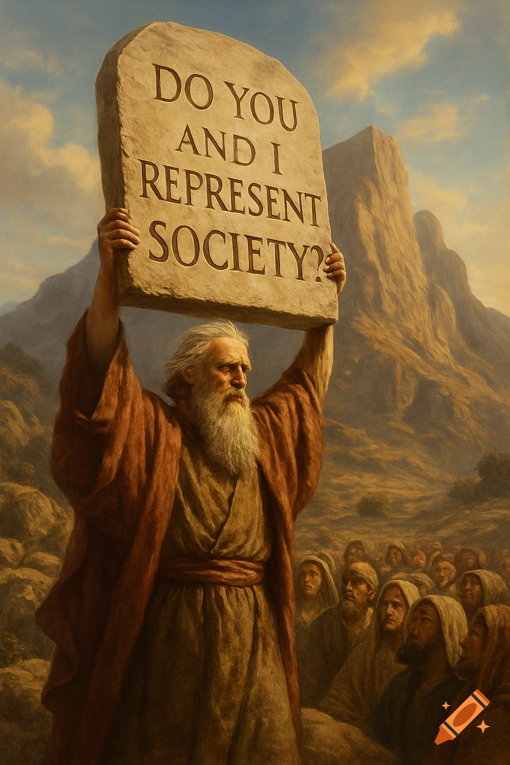 A bearded man resembling Moses holds stone tablets with 'DO YOU AND I REPRESENT SOCIETY?' to a crowd in a desert, realistic painting.