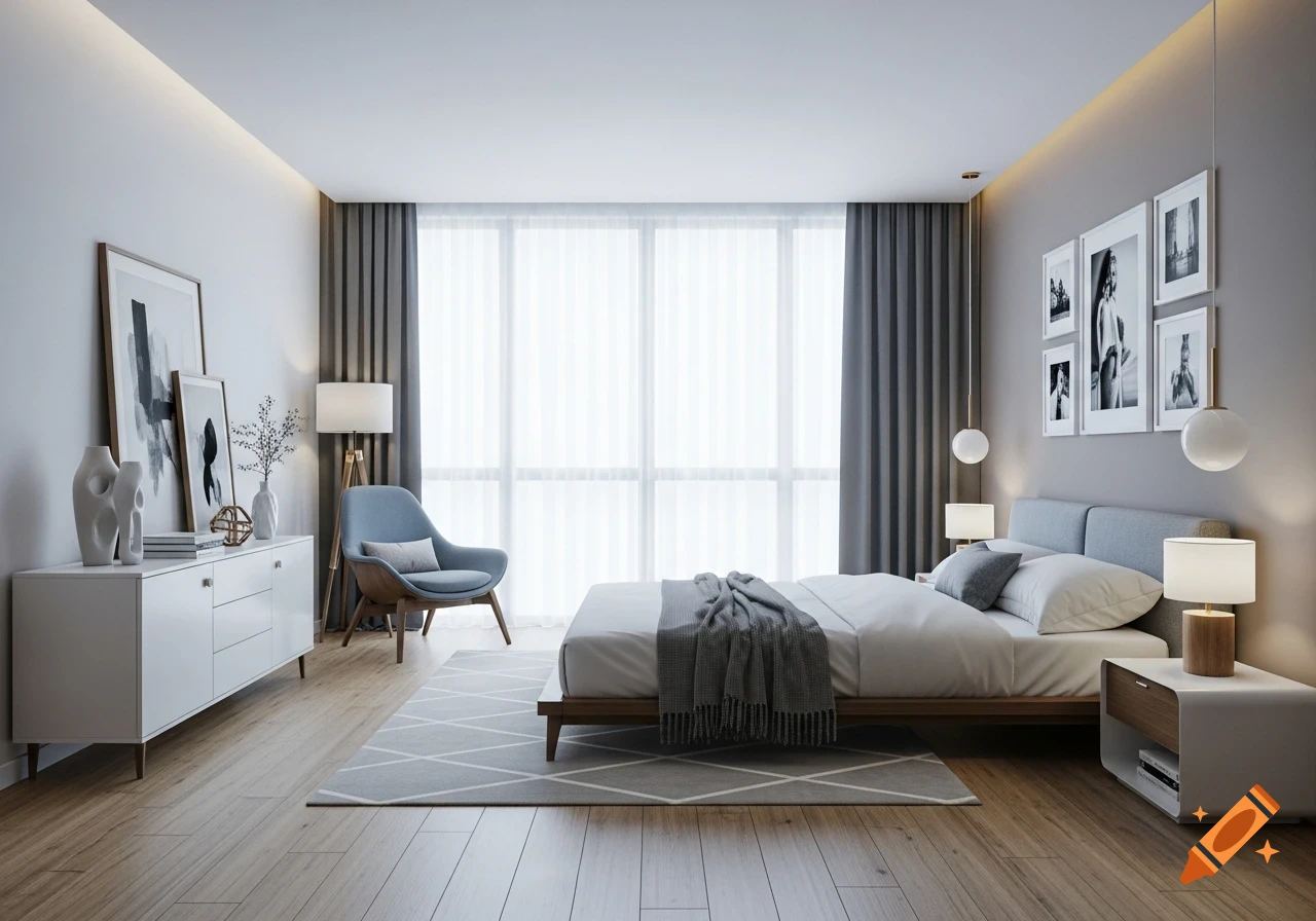 A photorealistic modern bedroom featuring a bed, blue armchair, white dresser, framed art, and a large window with sheer curtains.