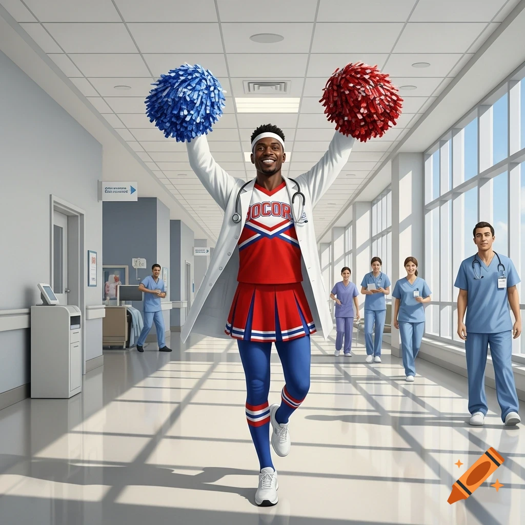 A smiling Black man in a doctor's coat over a cheerleader outfit, holding blue and red pompoms, in a hospital hallway.