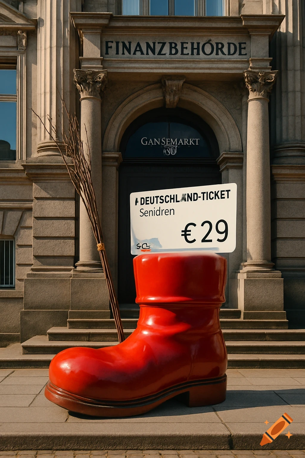 A photorealistic image of the Hamburg tax office entrance with "FINANZBEHÖRDE" and "GÄNSEMARKT" inscribed above the door. An oversized red boot stands on the steps with a bundle of sticks, and a white sign reading "DEUTSCHLAND-TICKET Senidren € 29" is attached to the boot.