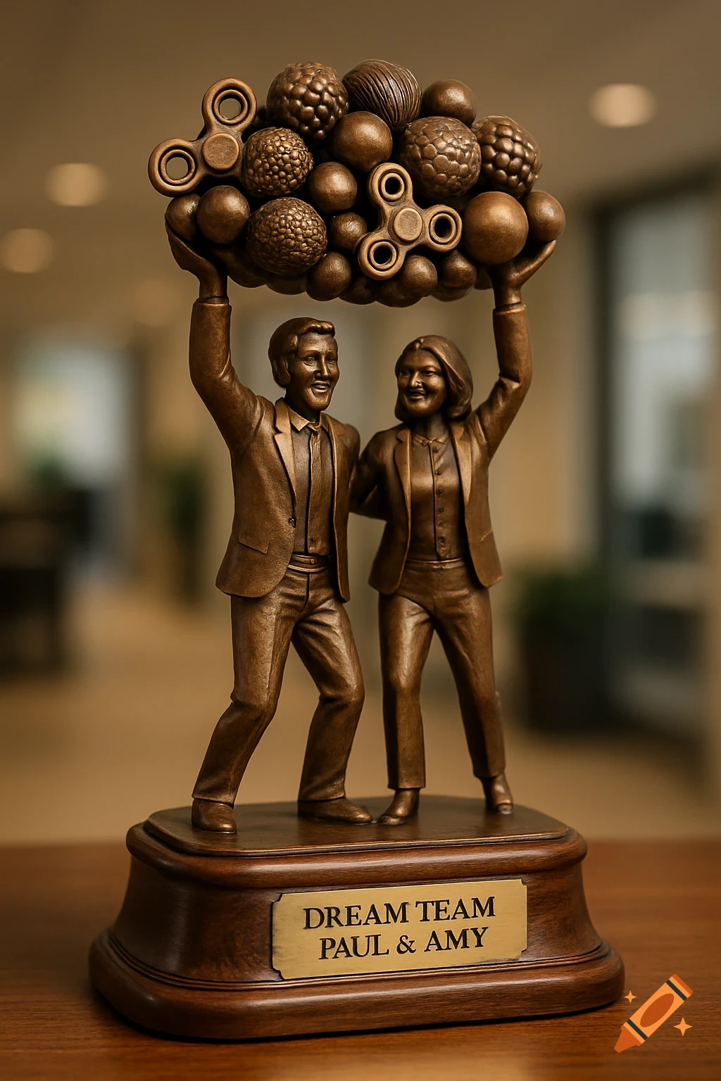 A bronze trophy of a man and woman, arms raised, holding up a cluster of fidget spinners and textured spheres, on a wooden base with a plaque reading "Dream Team Paul & Amy".
