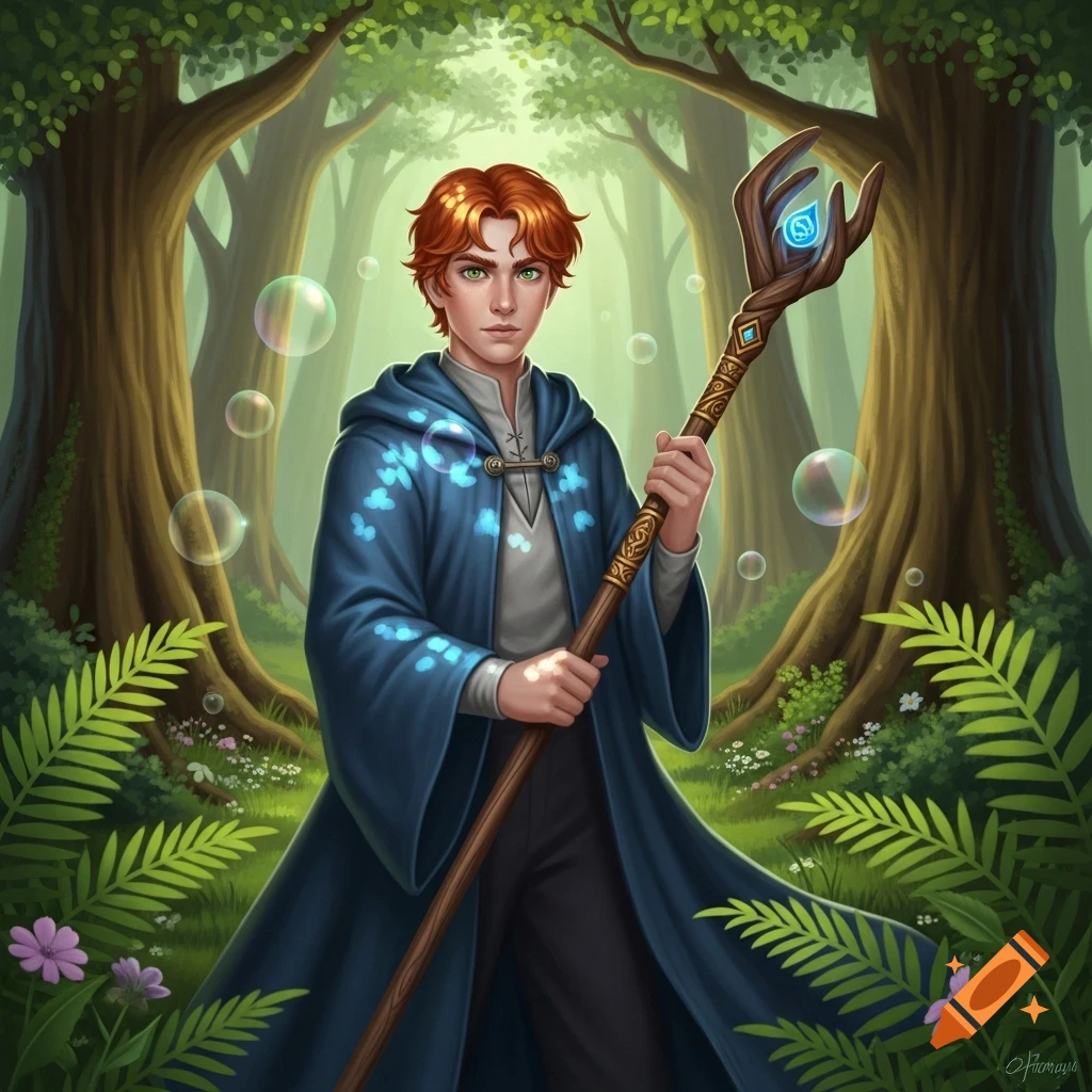 A young male wizard apprentice with ginger hair and a blue cloak holds a staff in an enchanted forest with bubbles.
