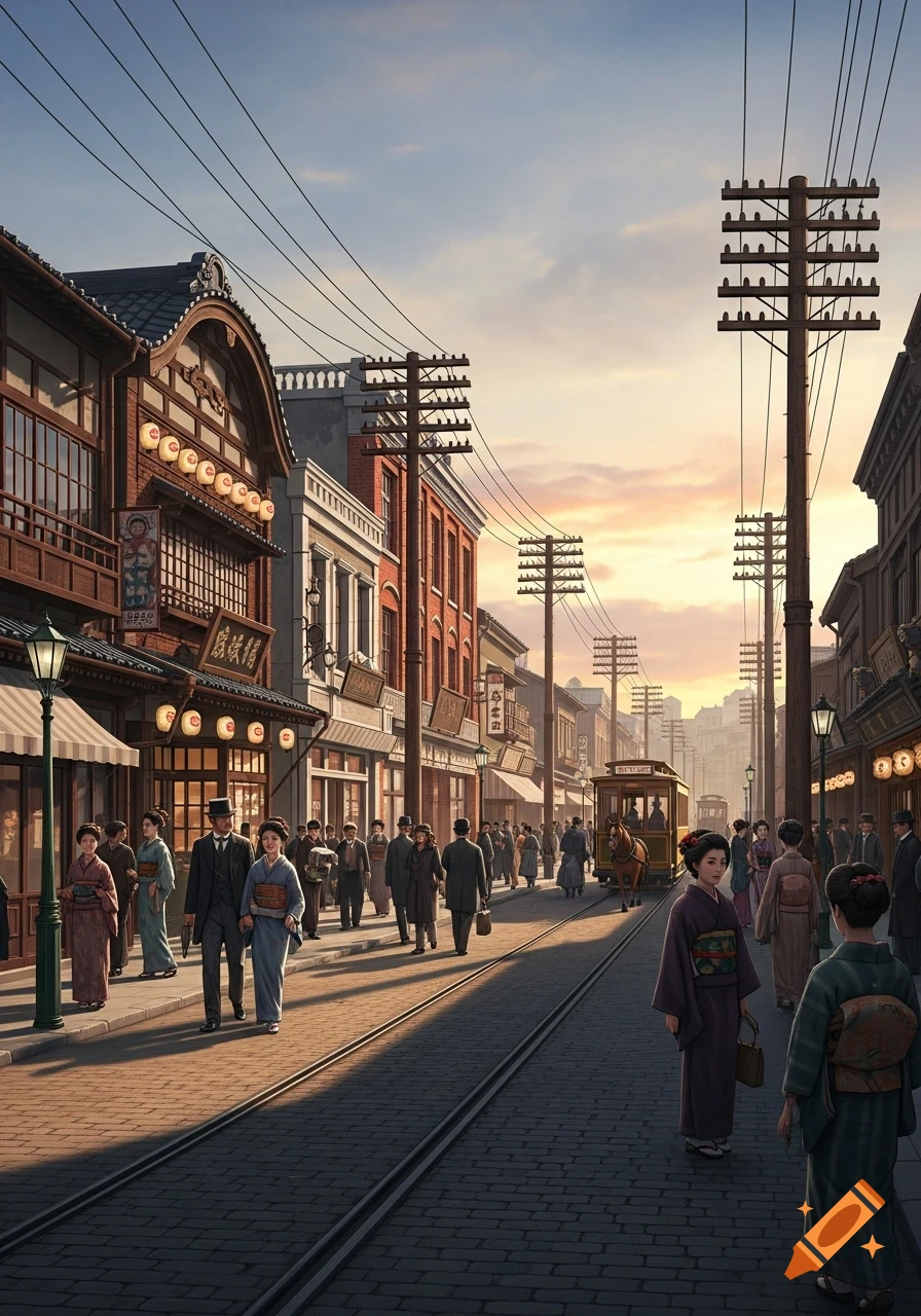 A bustling Meiji-era Tokyo street scene at sunset, with people in kimonos and Western suits walking past traditional and brick buildings, telegraph poles, and a horse-drawn streetcar.