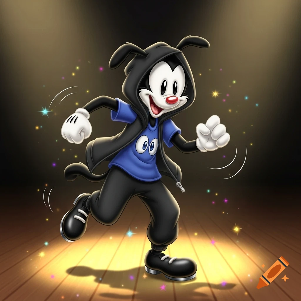 Yakko Warner from Animaniacs tap dancing in a black hoodie, blue t-shirt with two eyes, black pants, and tap shoes.
