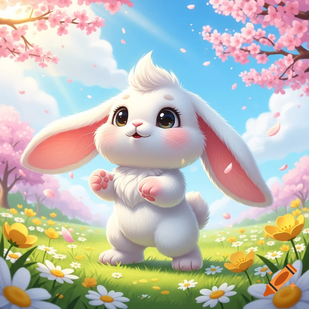 A cute fluffy white cartoon bunny stands in a field of yellow and white flowers under pink cherry blossoms and a bright blue sky.