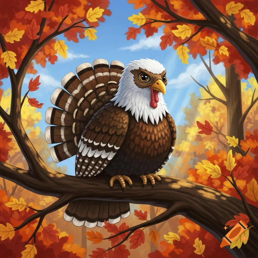 A cartoon turkey with an eagle's head sits on a branch in a vibrant autumn forest, surrounded by red and yellow leaves.