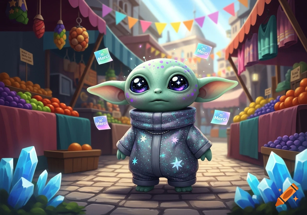 A cute, big-eyed green alien in a starry jumpsuit stands in a colorful marketplace with floating 'Merci' notes.