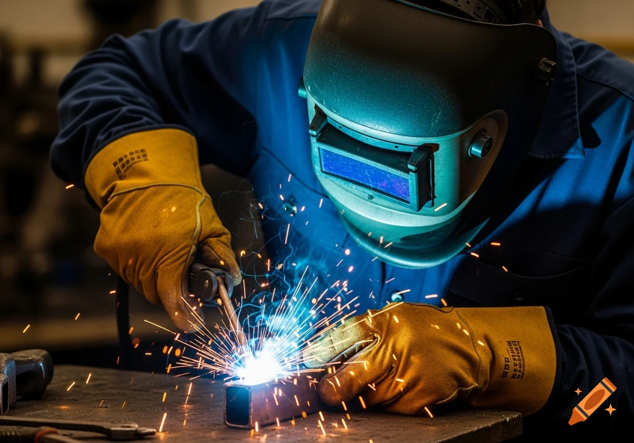 Close-up of a welder in a helmet and gloves, creating bright sparks while welding metal parts on a workbench.