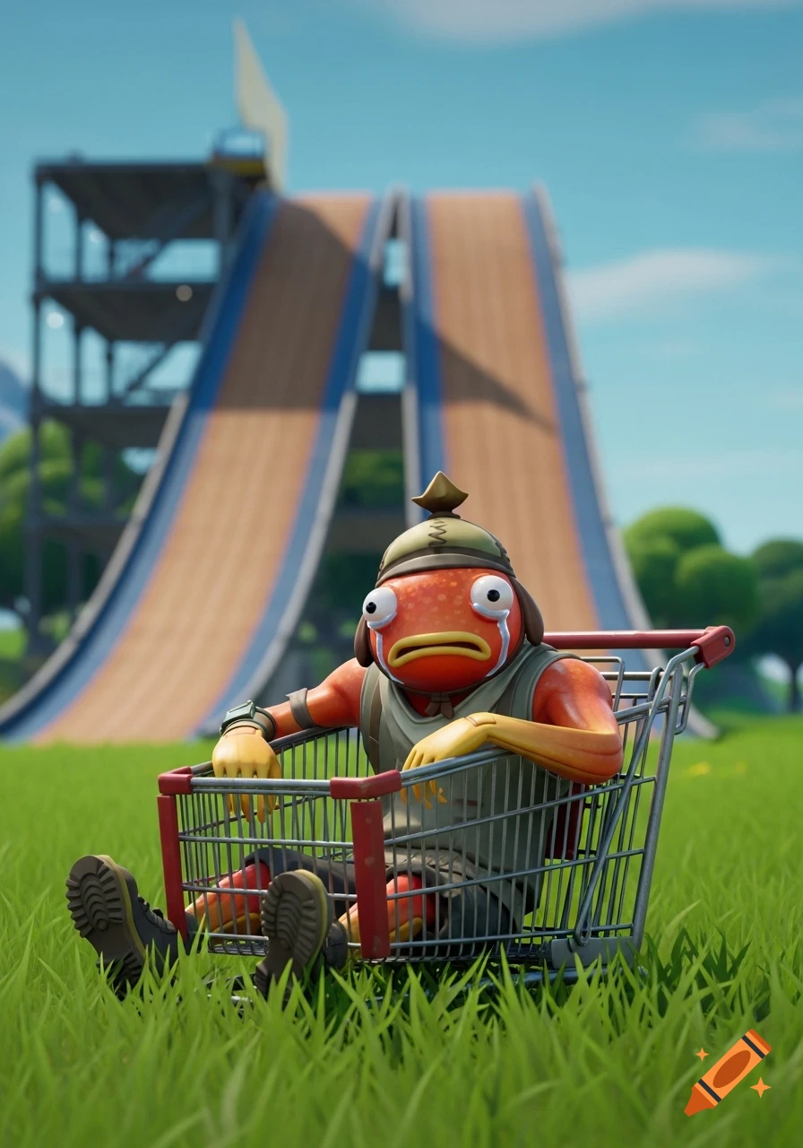 Fishstick from Fortnite sits sadly in a shopping cart on grass, with a large ramp blurred in the background, in a cartoon style.