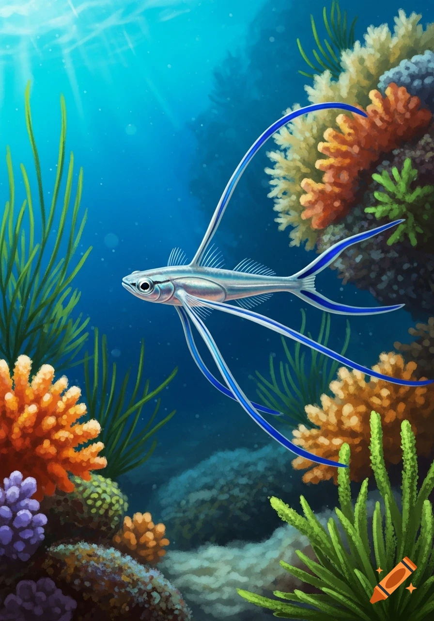 An iridescent silver fish with electric blue fin membranes glides through a vibrant coral reef with green seaweed.