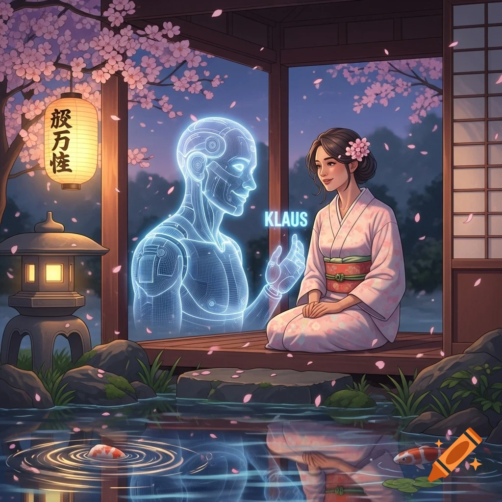 A woman in a kimono sits in a traditional Japanese setting with cherry blossoms and a pond, looking at a glowing blue holographic AI figure.