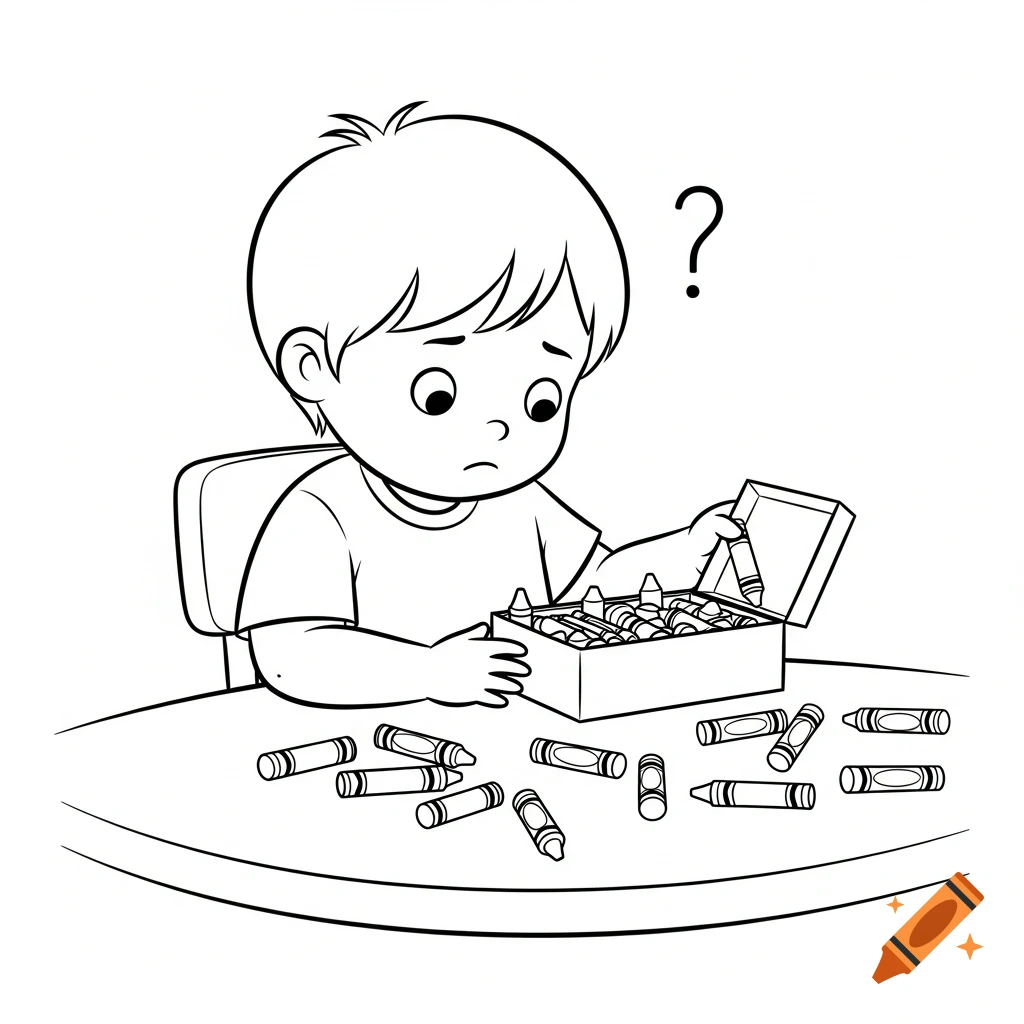 A black-and-white line drawing shows a confused child looking into a box of crayons, with more crayons scattered on a table.