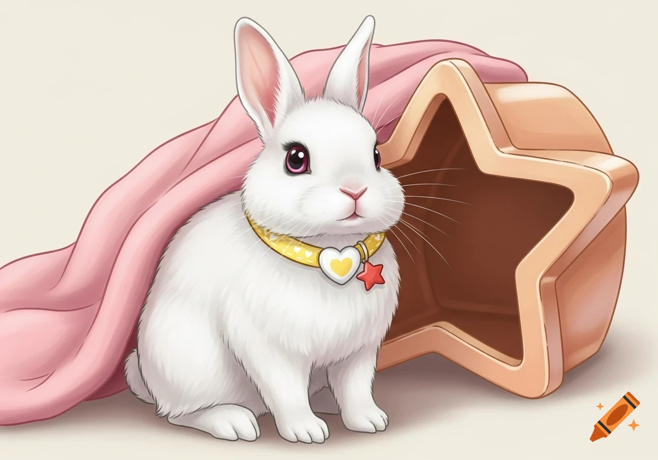 A fluffy white rabbit with pink eyes and a yellow collar featuring a heart and a red star sits next to a star-shaped box, with a pink blanket behind it.