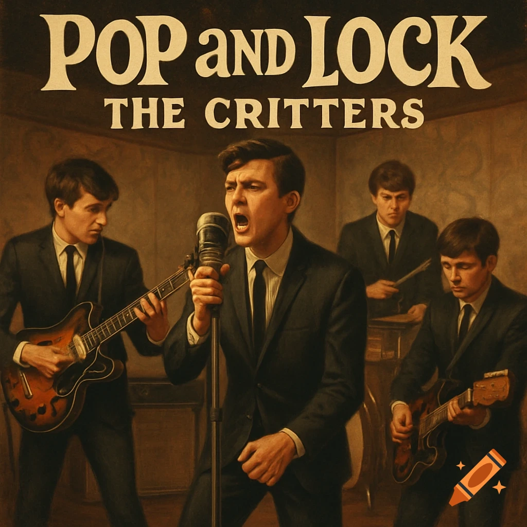 Album cover for 'Pop and Lock The Critters' featuring a 1960s-style rock band with a lead singer, two guitarists, and a drummer.