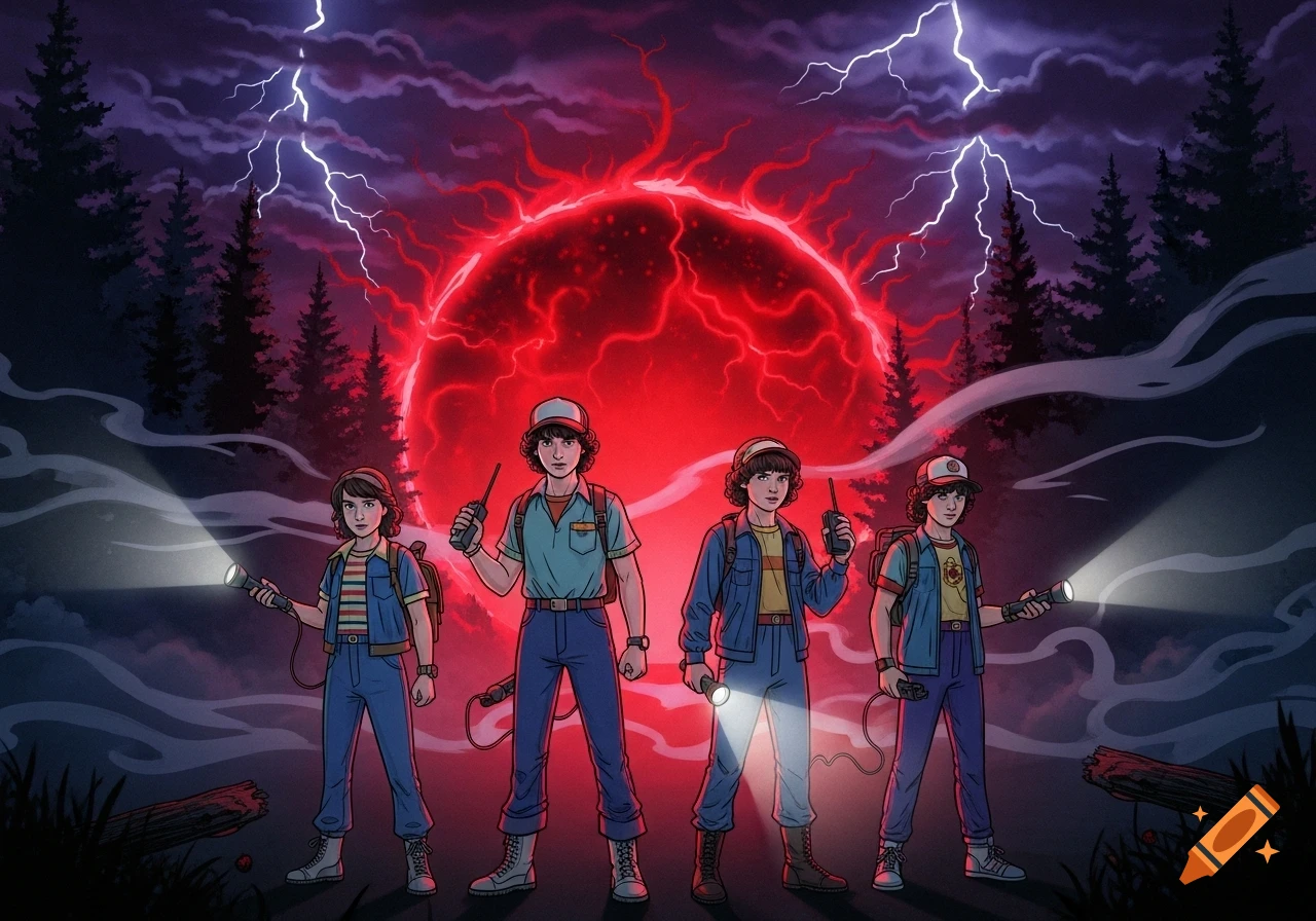 Four cartoon boys, resembling Stranger Things characters, hold flashlights and walkie-talkies in a dark forest with a red glowing portal and lightning.