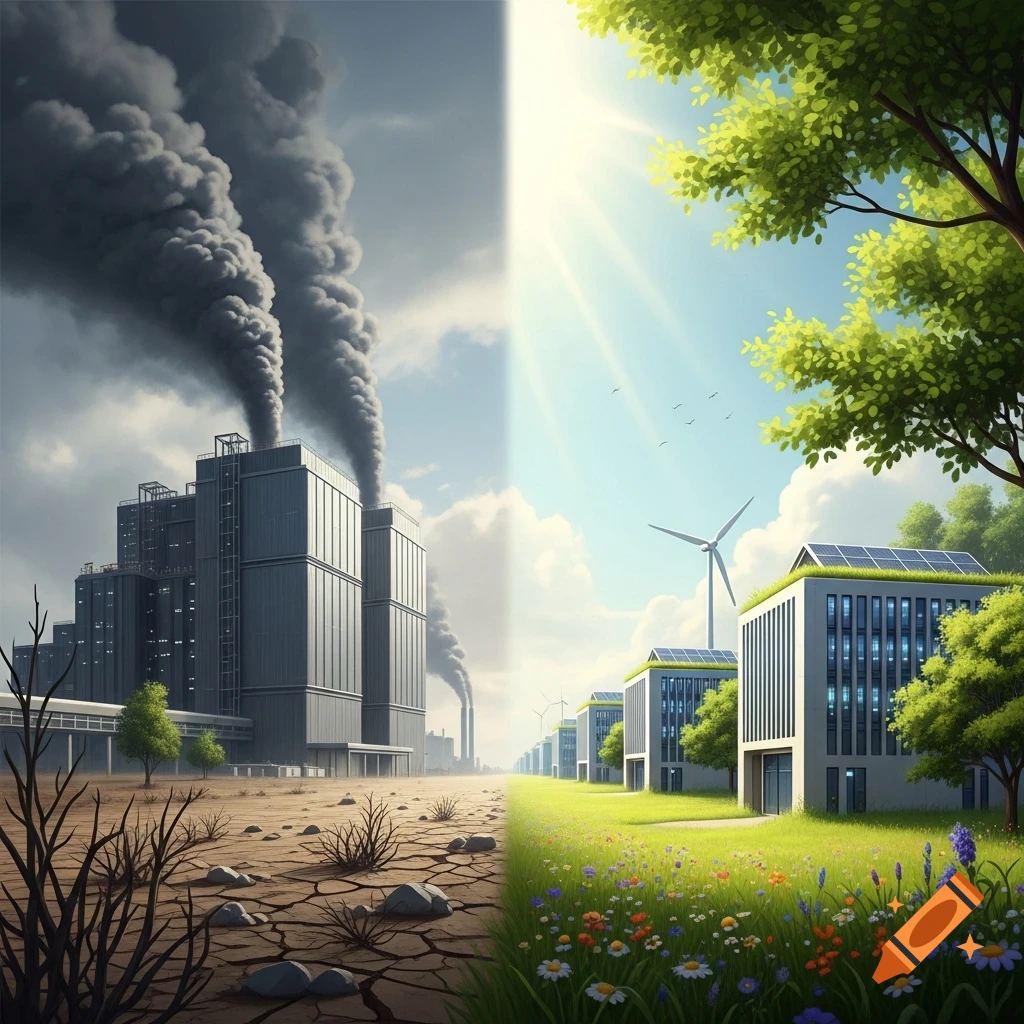 A split image contrasting polluting factories and dry, cracked earth with green buildings, solar panels, a wind turbine, and lush landscape.