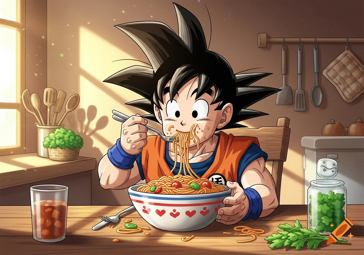 Goku from Dragon Ball eating a large bowl of spaghetti with a fork in a sunlit kitchen, anime style.