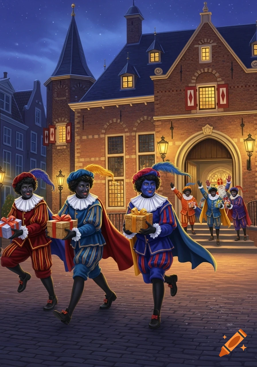 Three Zwarte Piet characters in colorful outfits carry gifts, walking on a cobblestone street at night. Other Zwarte Pieten and Sinterklaas stand on the steps of a traditional Dutch building in the background.