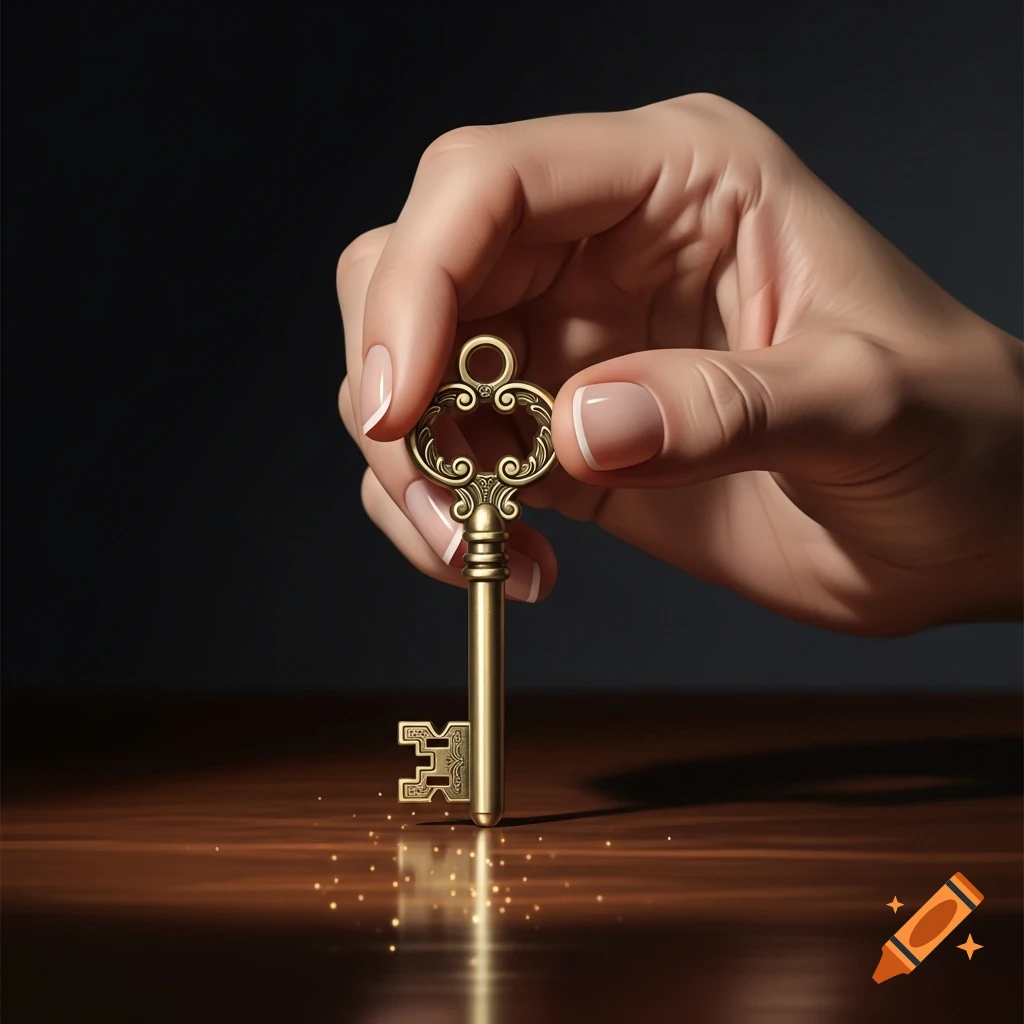 A photorealistic close-up of a hand gently holding an ornate, golden antique key upright on a reflective wooden surface.