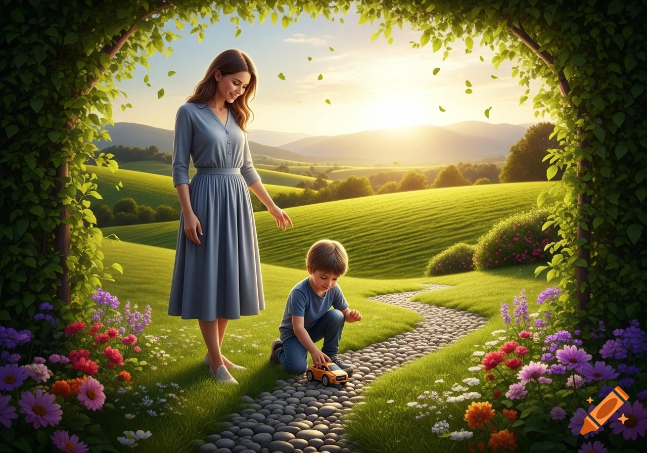 A mother watches her son play with a toy car on a stone path in a sunny, green landscape with flowers and an arched vine.