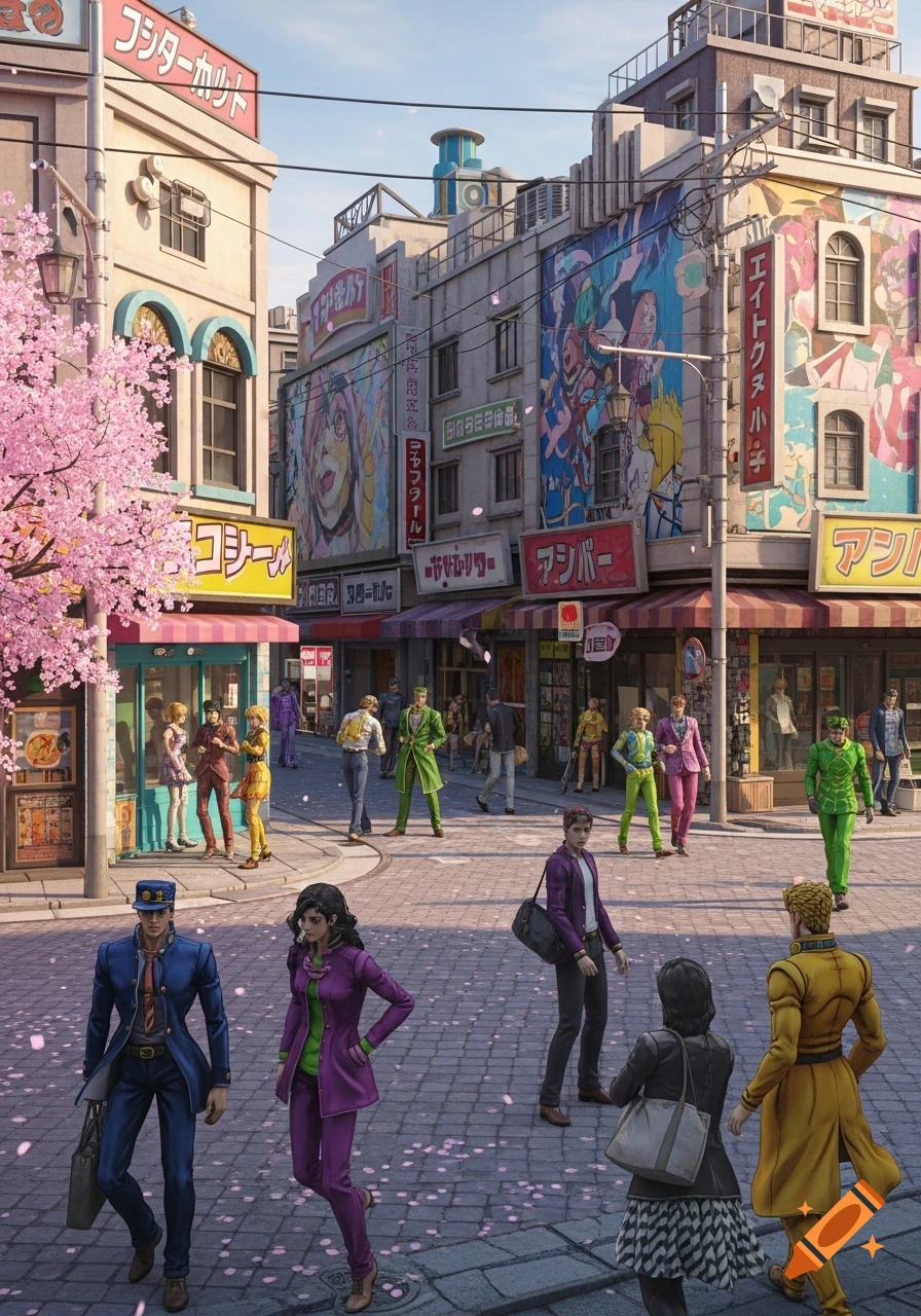 A bustling Japanese street scene with anime-style characters walking, vibrant shops, a cherry blossom tree, and petals falling, rendered in a realistic style.