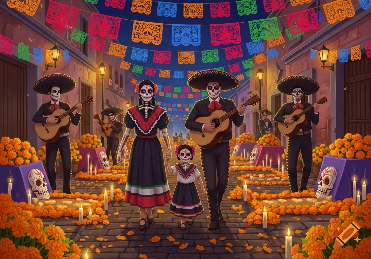 Vibrant Dia de los Muertos illustration of a family in sugar skull makeup, mariachis, papel picado, marigolds, and candles.