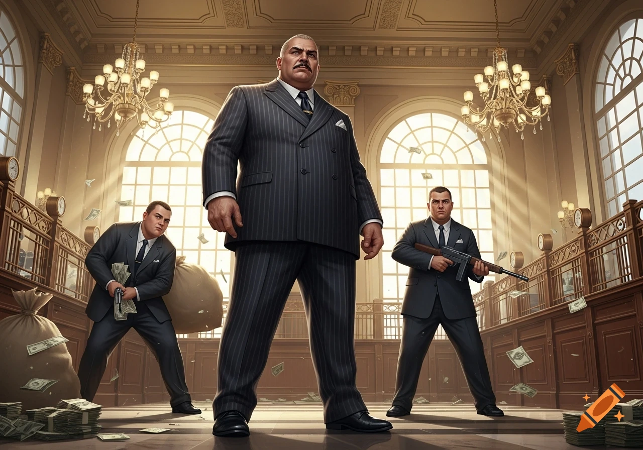 Three mobsters, one obese boss and two armed henchmen, stand inside a grand bank vault filled with scattered money and bags.
