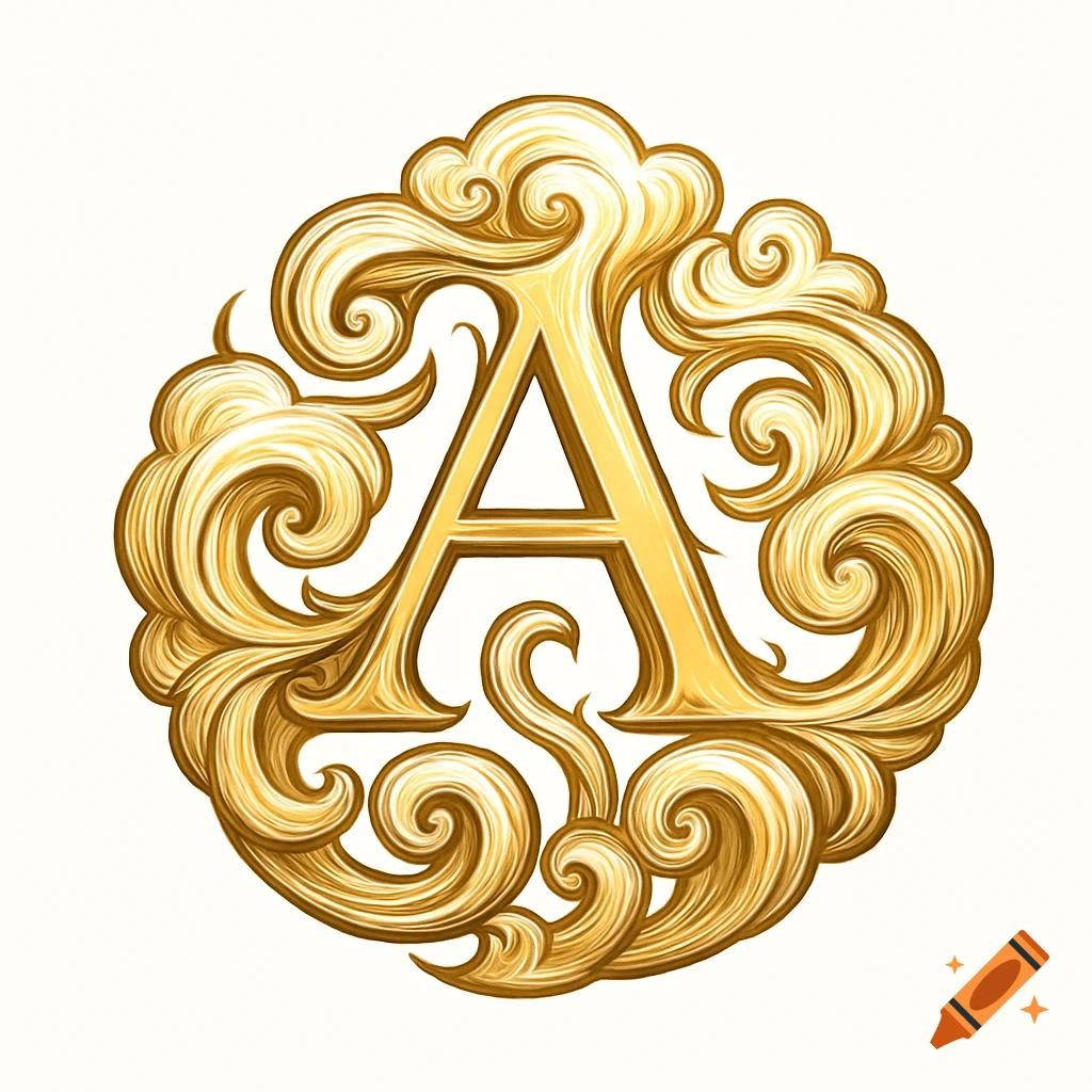 A golden, ornate letter 'A' with swirling decorative elements against a white background.