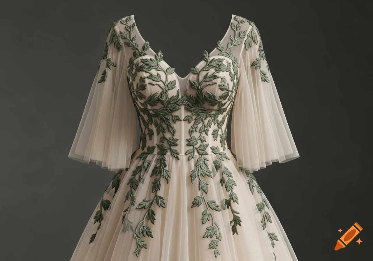A champagne-colored dress with green vine embroidery, a sweetheart bodice, and sheer bell sleeves.