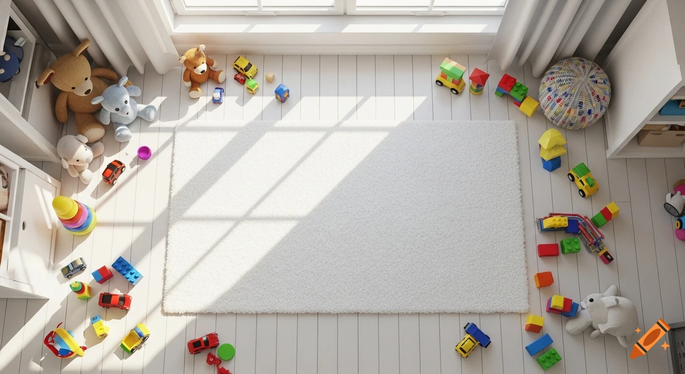 Top-down view of a bright children's room with a white rug, scattered colorful toys, and sun shining through a window.