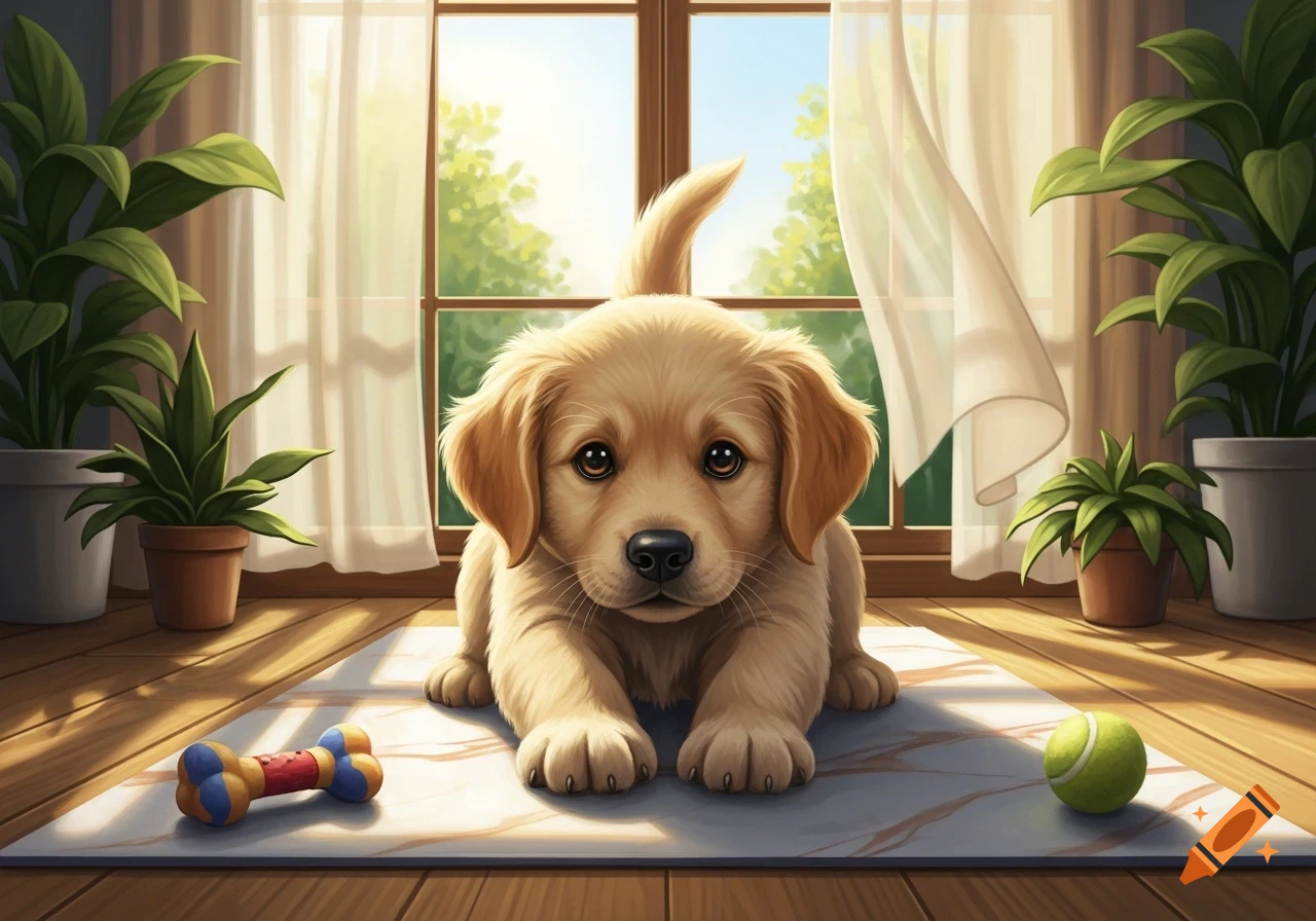 A cute golden retriever puppy lies on a rug by a sunlit window with plants and toys in an illustration style.