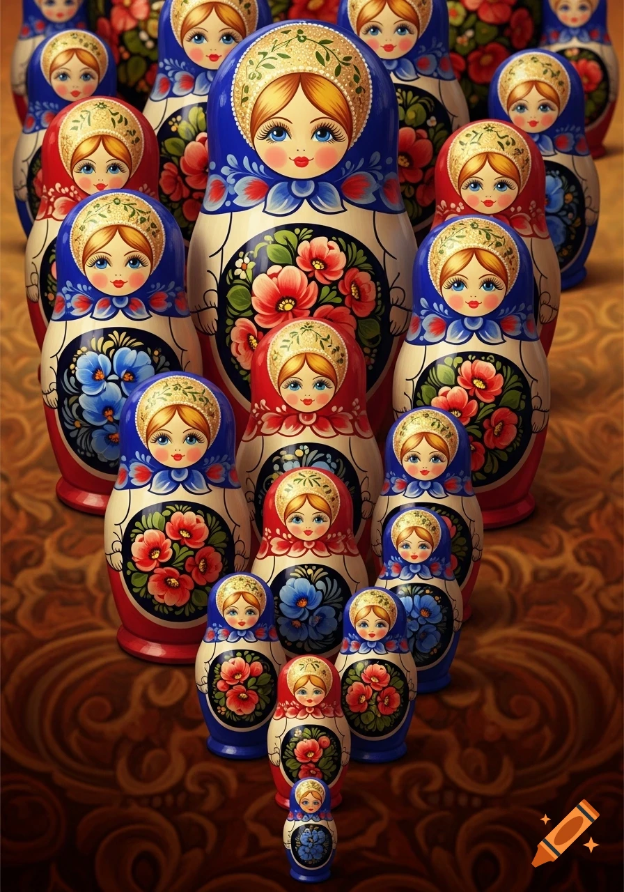 Many colorful Russian nesting dolls, decorated with floral patterns in blue and red, are clustered on a dark, ornate background.