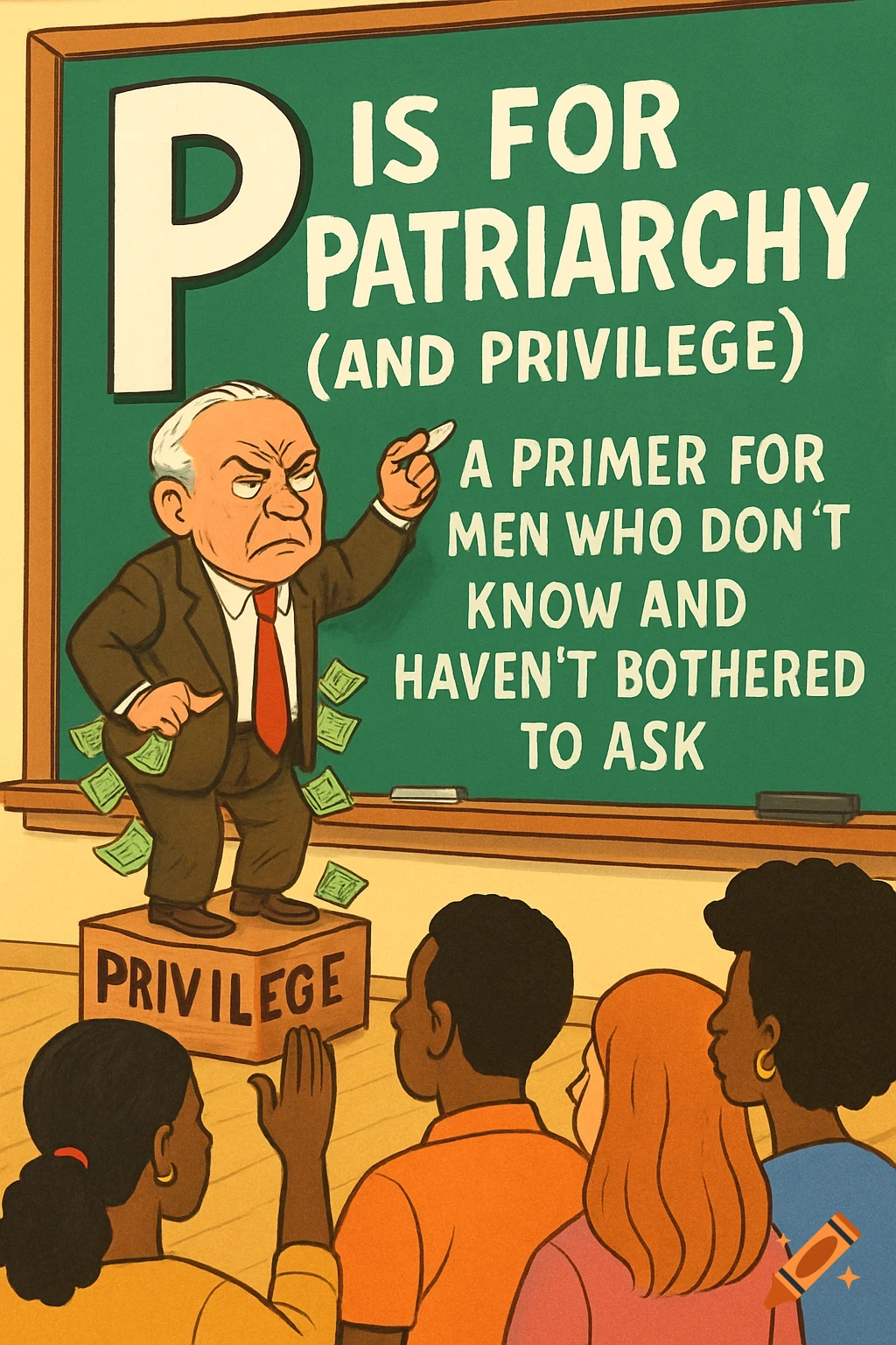 Cartoon of an angry man on a 'Privilege' box pointing at a chalkboard about patriarchy, as diverse students watch.