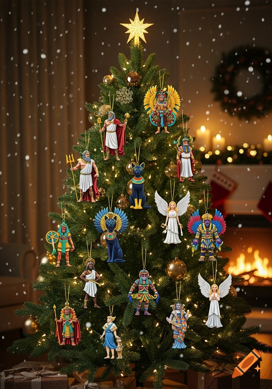 Photorealistic image of a Christmas tree adorned with diverse ornaments depicting deities, mythological creatures, and angels, in a festive room.
