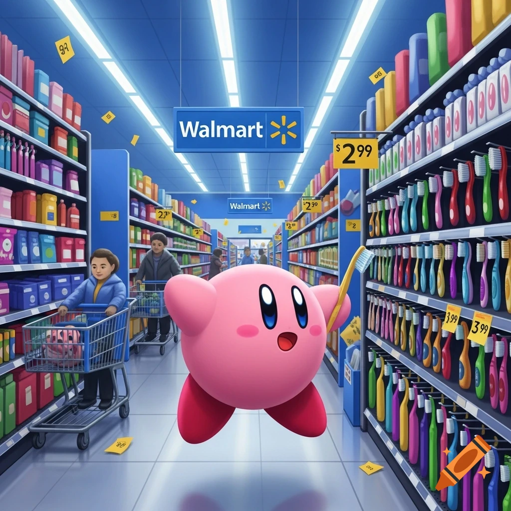 Kirby floats down a brightly lit Walmart aisle, holding a yellow toothbrush. Shoppers push carts in the background among rows of colorful products.