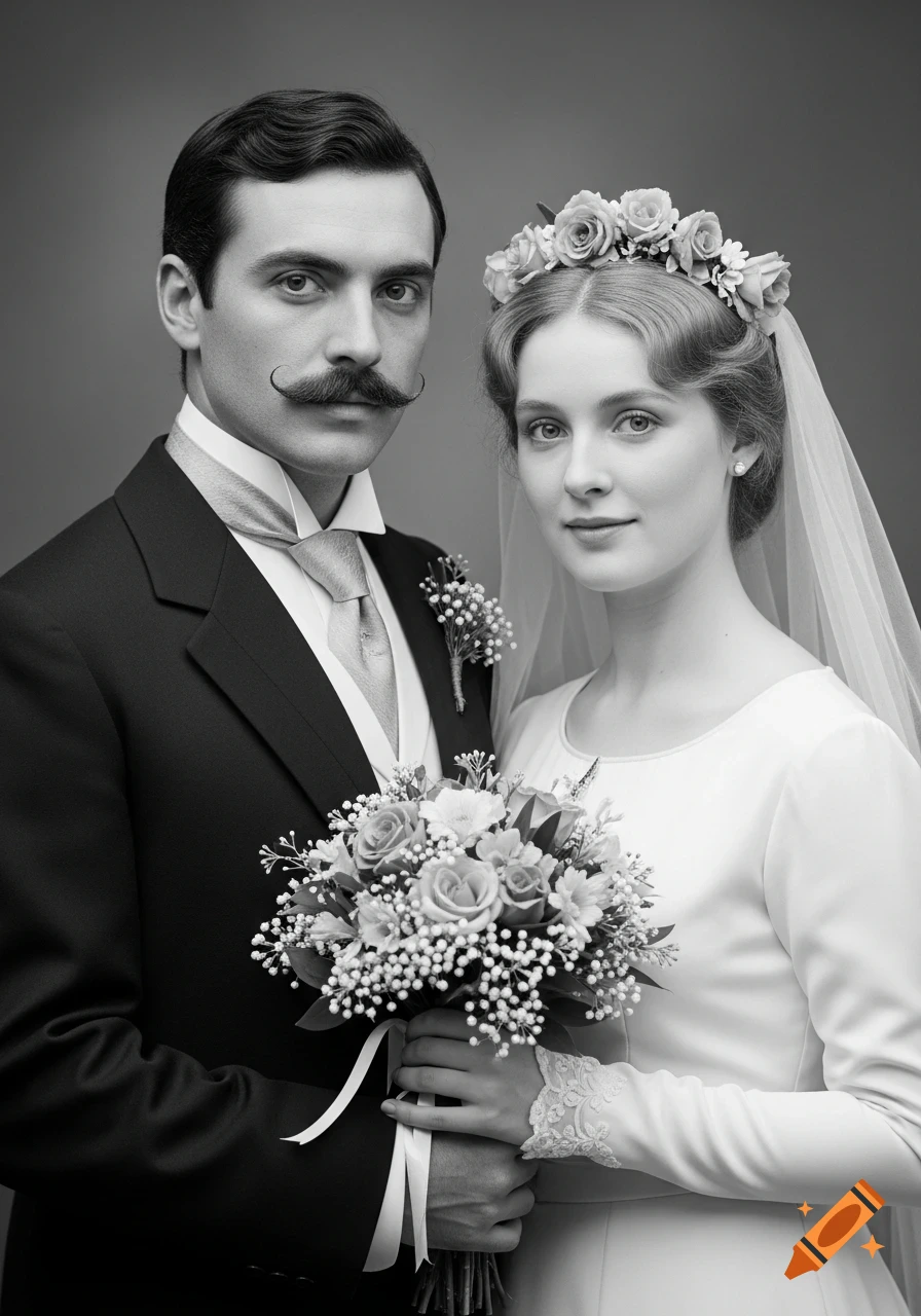 Monochrome Victorian wedding portrait of a groom with a mustache and a bride holding a bouquet.