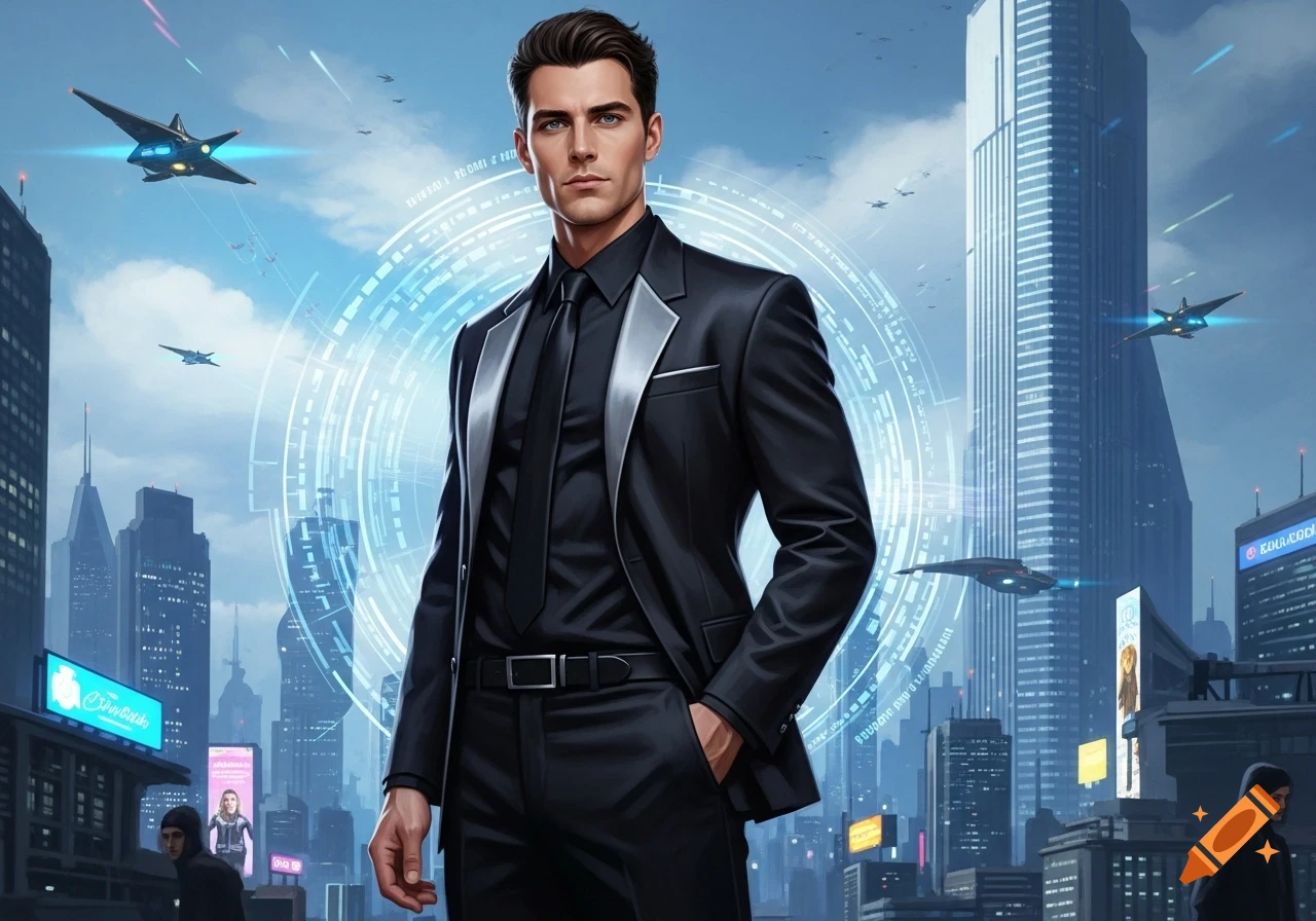 A stylized man in a sleek black suit stands confidently in a futuristic city with flying vehicles and holographic displays.
