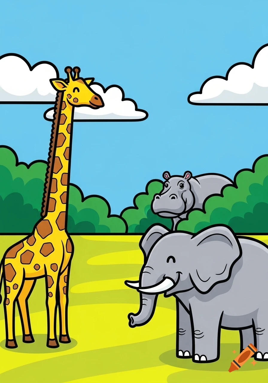 Cartoon illustration of a giraffe, elephant, and a partially hidden hippo in a green landscape with clouds.