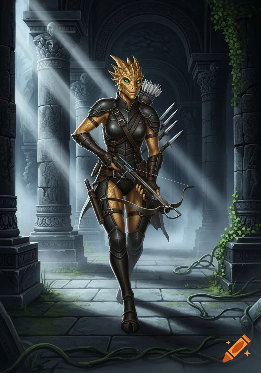 A brass-scaled, green-eyed female Dragonborn rogue in leather armor holds a crossbow in ancient, vine-covered ruins with light rays.