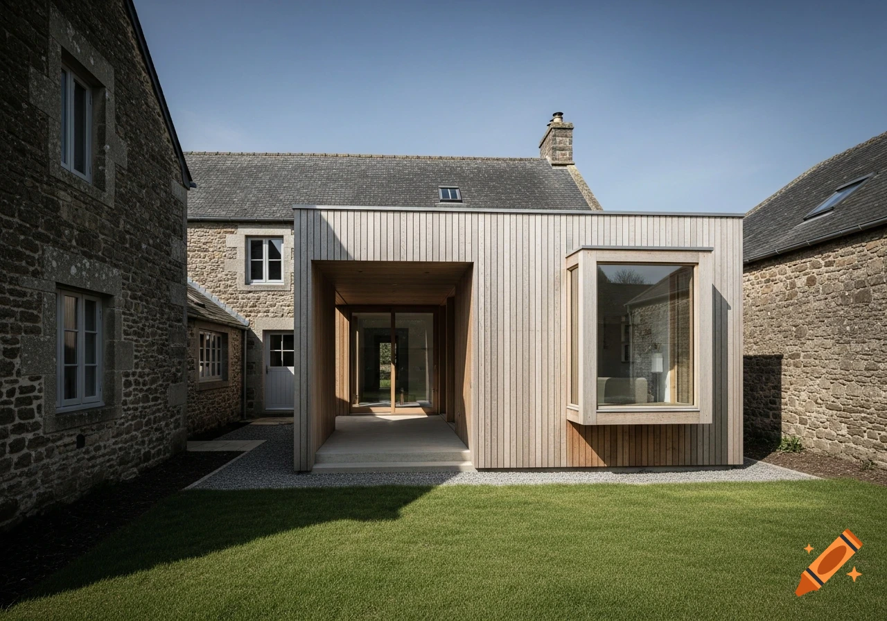 A photorealistic view of a modern wooden extension connecting two old stone buildings, with a green lawn in the foreground under a clear sky.